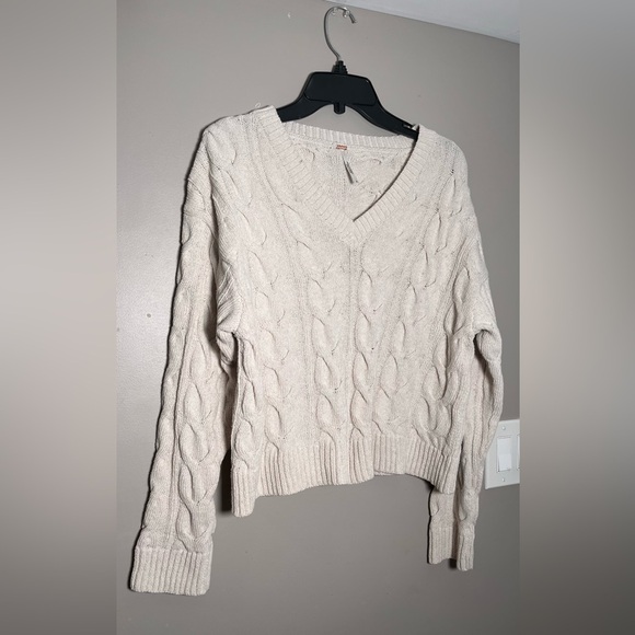 Free People Cream V-Neck Cable Knit Sweater - Picture 6 of 9